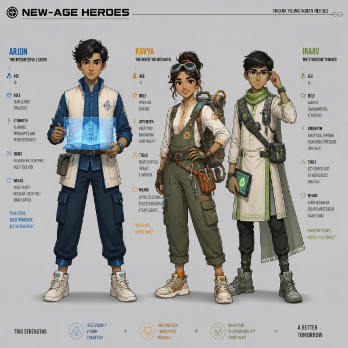 New-Age Heroes concept art — young Indian characters for the comic and anime series under development.